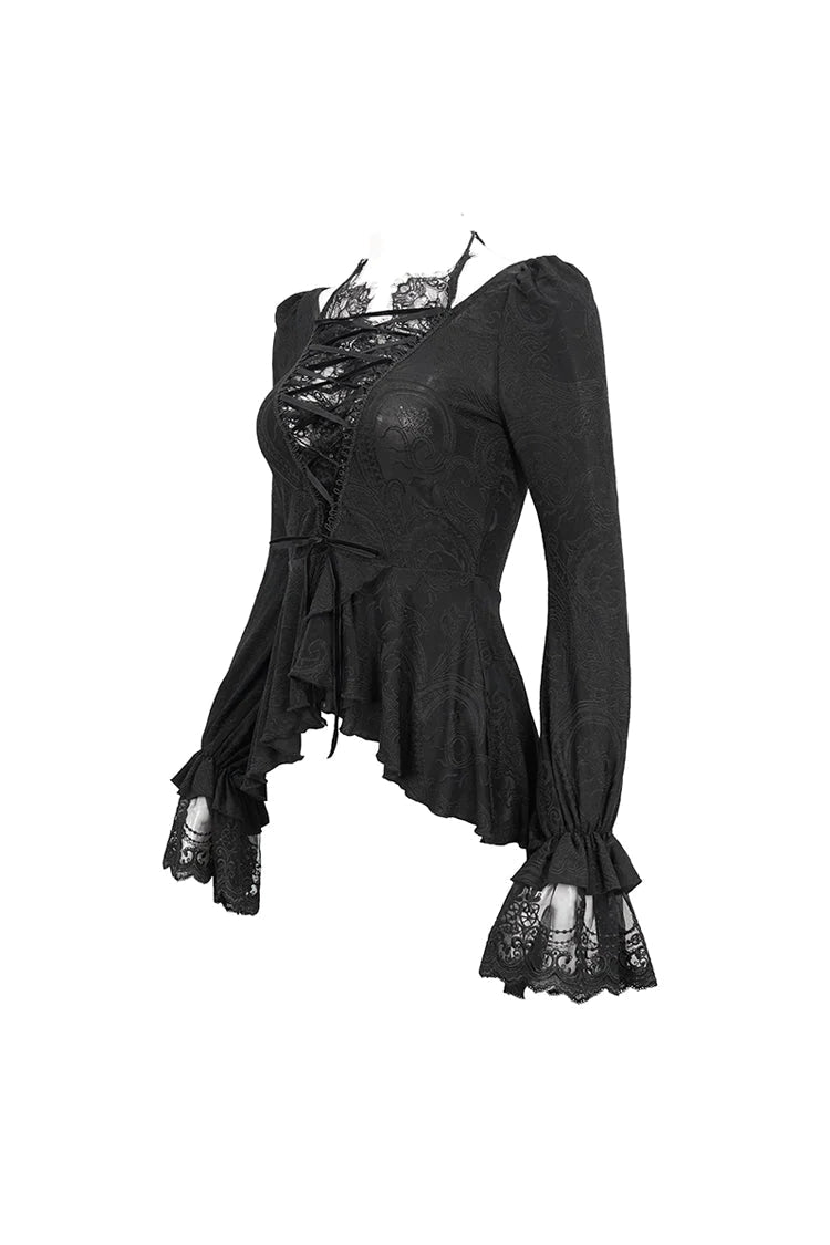 Black Ruffled Lace Splice Women's Gothic Shirt - Product - 8