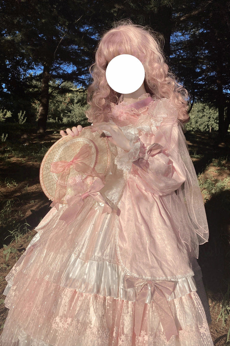 Pink Hanayome Long Sleeves Bowknot Multi-Layer Ruffled Sweet Lolita OP Tiered Dress - Product - 7