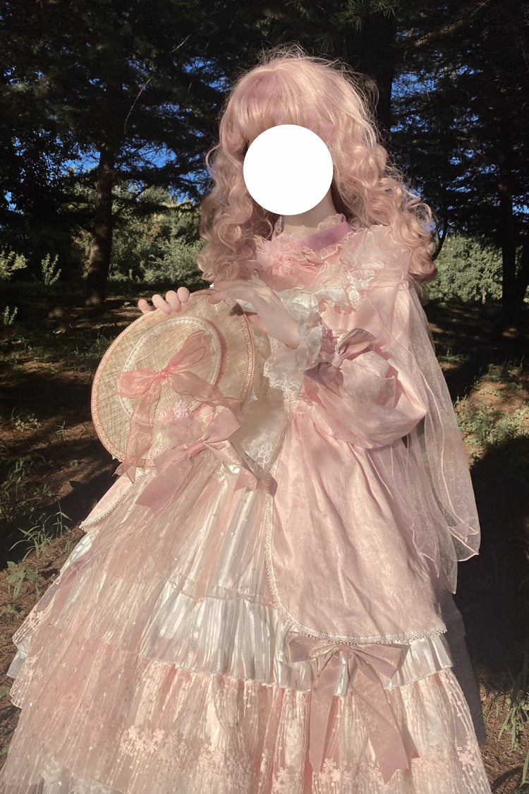 Pink Hanayome Long Sleeves Bowknot Multi-Layer Ruffled Sweet Lolita OP Tiered Dress - Product - 7