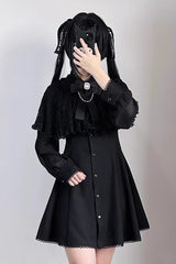 Black Shawl Lace Chiffon Long Sleeves Lace Slim Jirai Kei Dress - Black - 1