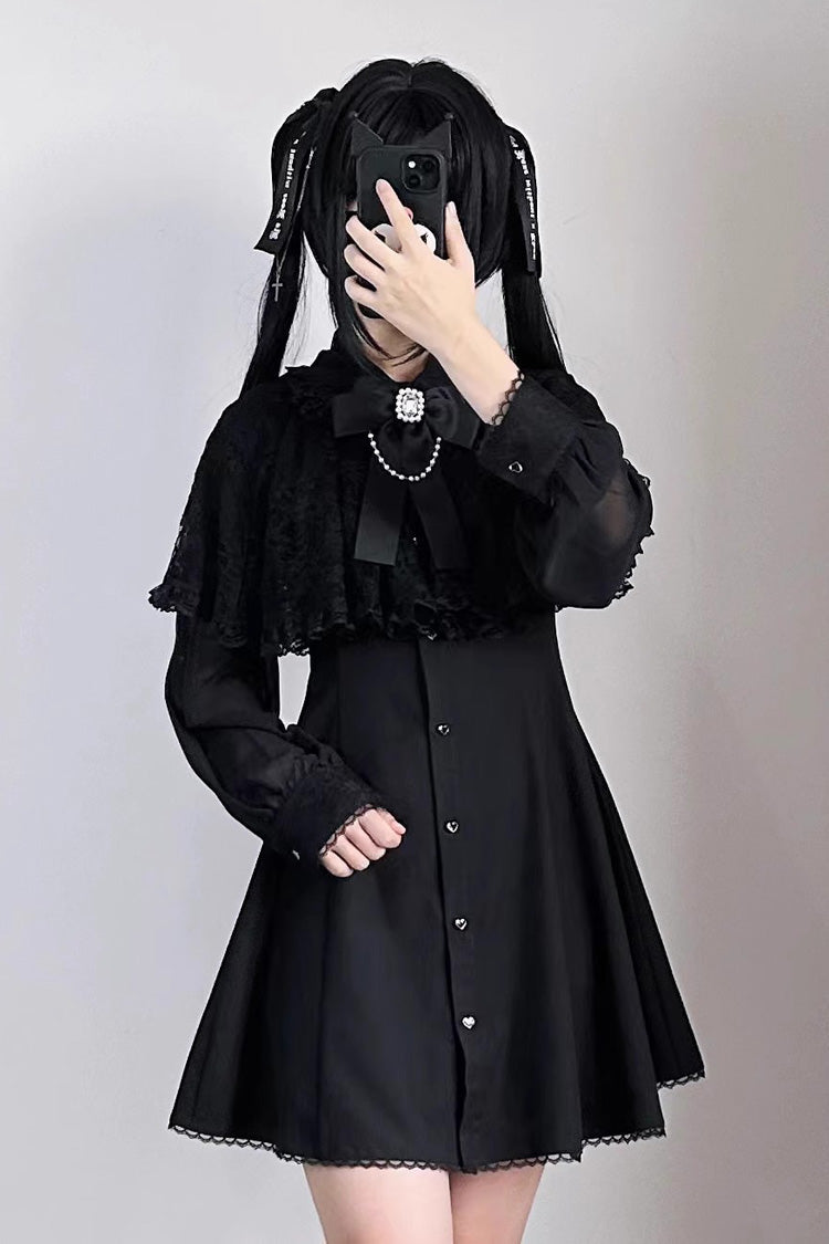 Black Shawl Lace Chiffon Long Sleeves Lace Slim Jirai Kei Dress - Black - 1