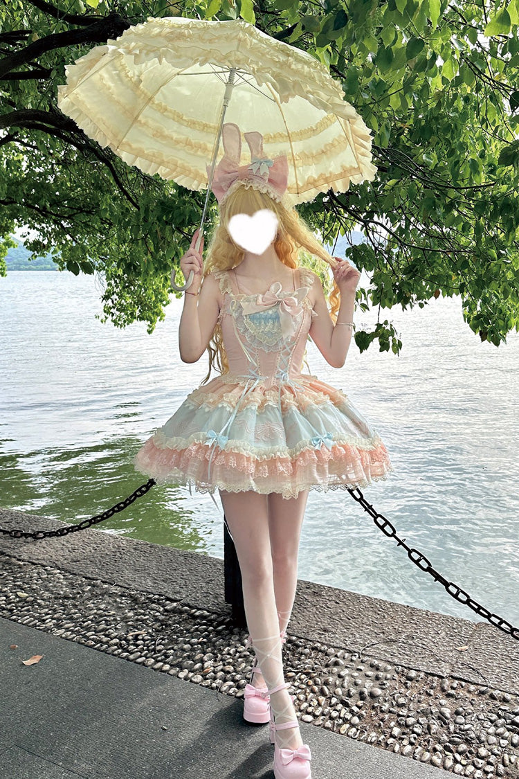Blue/Pink [Sweetheart Bunny] Square Collar Flutter Sleeves Multi-Layered Jacquard Ruffled Embroidered Bow Lace Sweet Lolita Jsk Dress - Product - 9