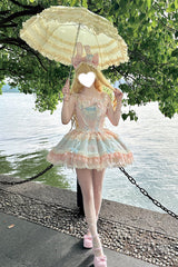 Blue/Pink [Sweetheart Bunny] Square Collar Flutter Sleeves Multi-Layered Jacquard Ruffled Embroidered Bow Lace Sweet Lolita Jsk Dress - Product - 9