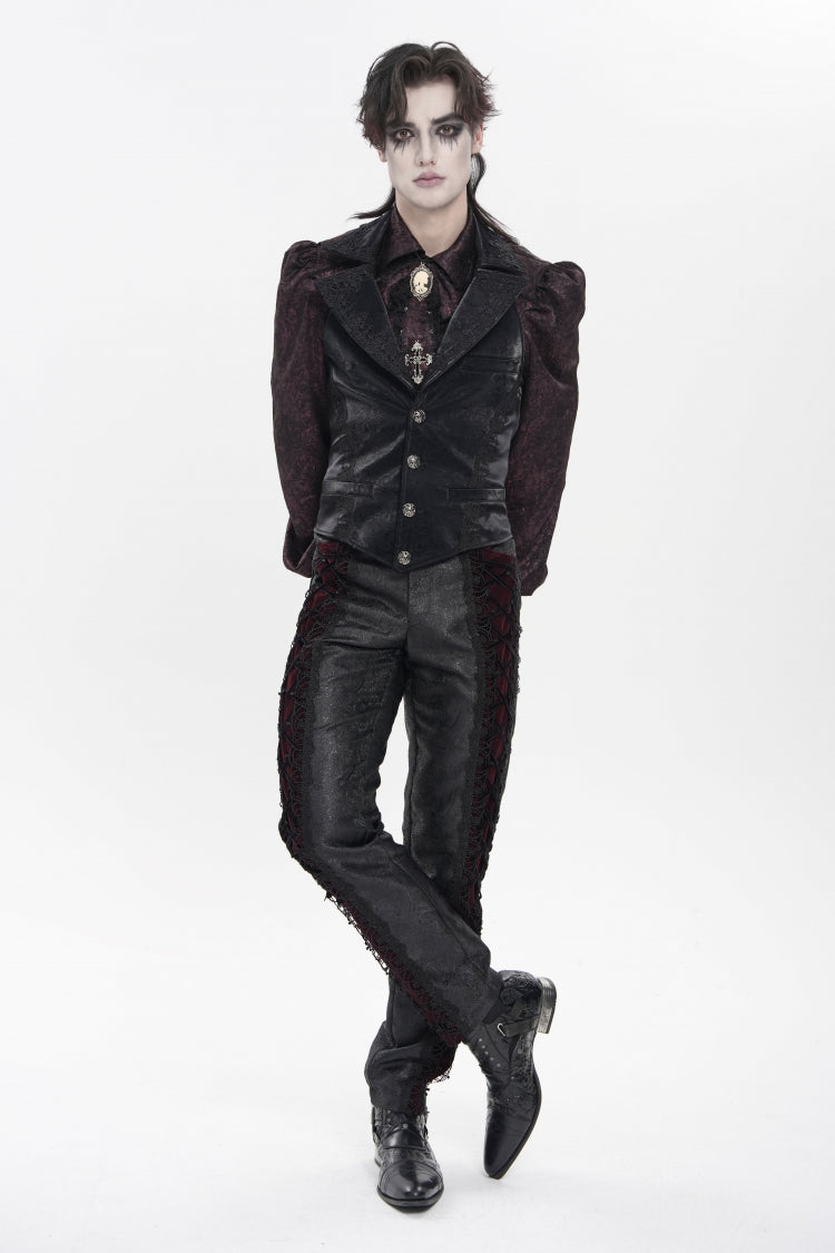 Black/Red Jacquard Spliced Lace-Up Slim Men's Gothic Velvet Palace Pants - Product - 11