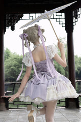 Purple [Floral Dream] Short Sleeves Multi-Layered Ruffle Embroidery Bowknot Lace-Up Sweet Elegant Ballet Lolita Jsk Dress - Product - 4