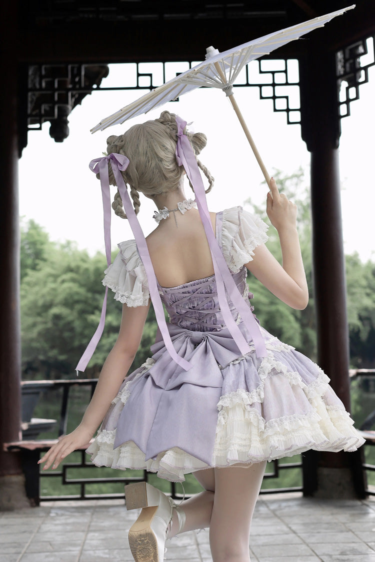 Purple [Floral Dream] Short Sleeves Multi-Layered Ruffle Embroidery Bowknot Lace-Up Sweet Elegant Ballet Lolita Jsk Dress - Product - 4