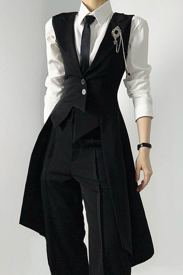 Black V Collar Sleeveless Slim Asymmetric Swallowtail Prince Gothic Ouji Lolita Long Vest - Black - 1