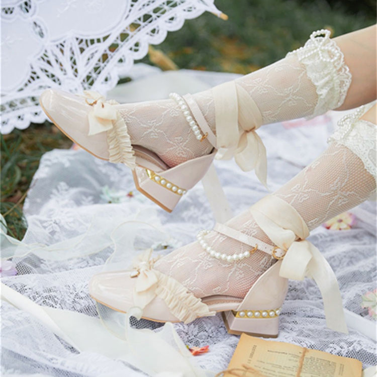 Romance Bowknot Lace Pearl Sweet Elegant Lolita Shoes 4 Colors - Product - 6