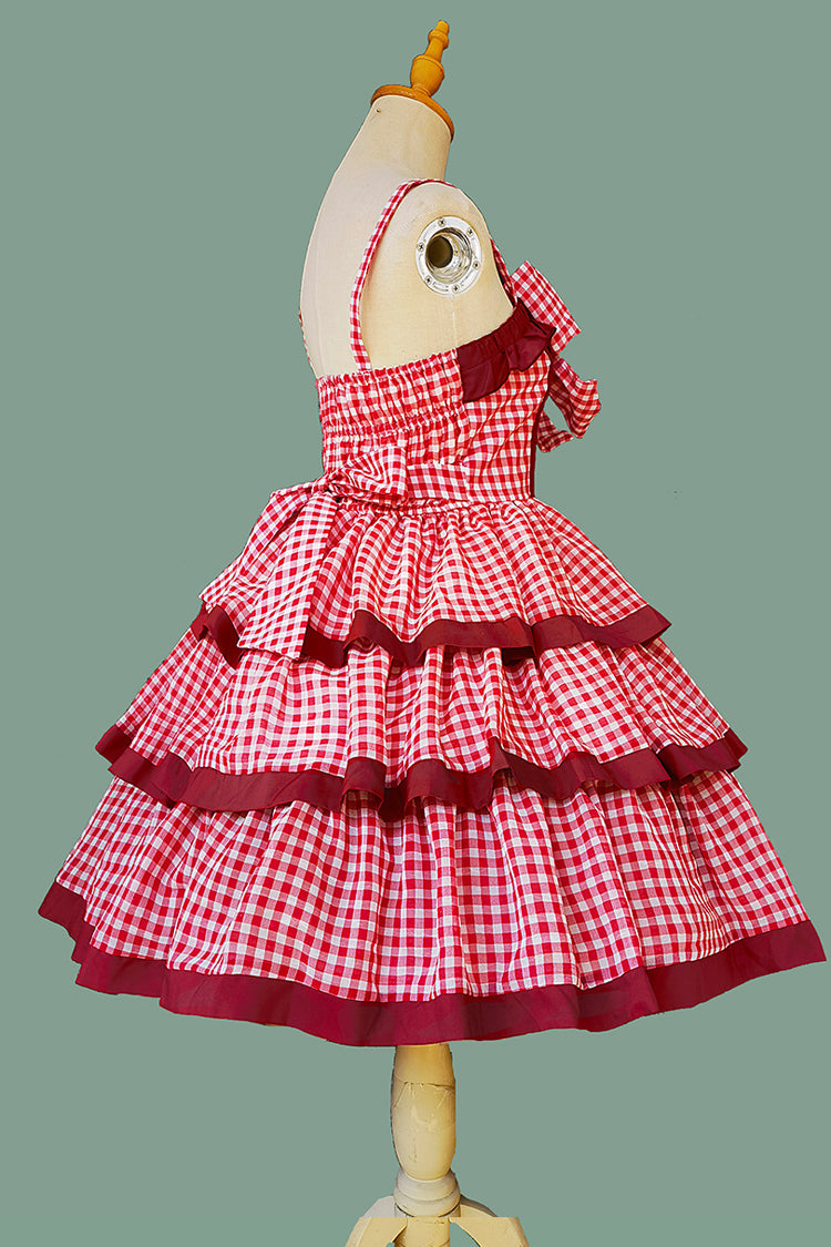 Red [Cloth Cat] Triple-Layered Plaid Print Ruffle Bowknot Sweet Lolita Dress - Product - 8