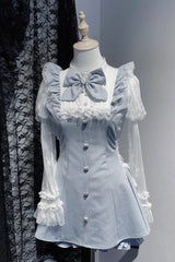 [Feather Ode] Jirai Kei Stand Collar Long Sleeves Ruffled Bow Lace Sweet Japanese Dress Shorts Set 2 Colors - Aqua - 2