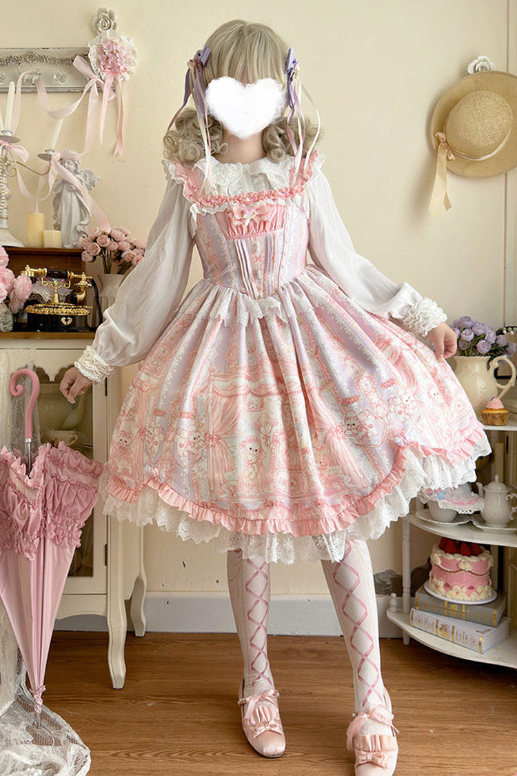 Pink Square Collar Sleeveless Printed Ruffled Lace Sweet Lolita Jsk Dress - Pink - 1