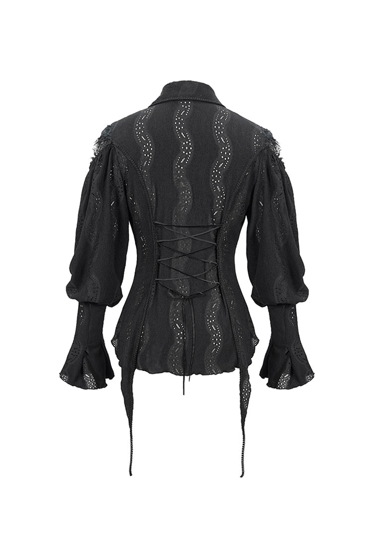 Black Front Chest Webbing Appliques Hollow-Out Lantern Sleeve Flare Cuff Back Waist Lace Up Women's Gothic Blouse - Product - 9