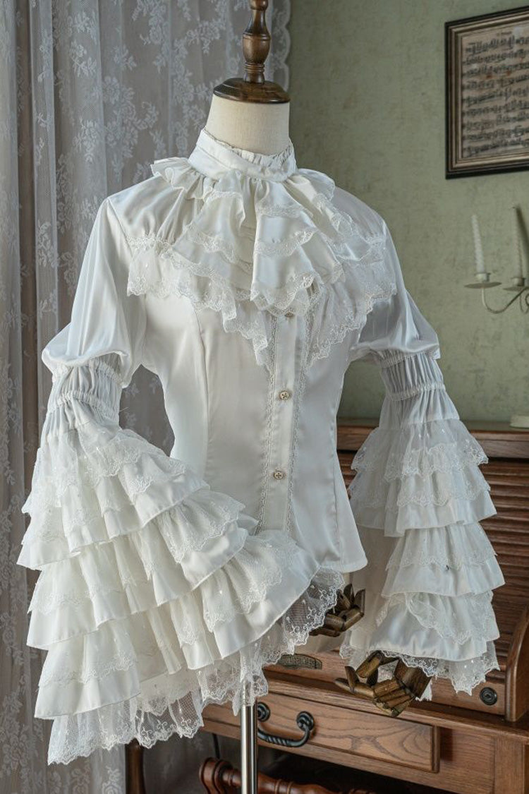 Gothic Long Hime Sleeves Ruffle Lace Lolita Blouse 2 Colors - White - 4