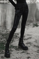 Black Functional Tooling Style Pocket Belt Trim V-Shaped Split Zipper Women's Punk Trousers - Product - 2