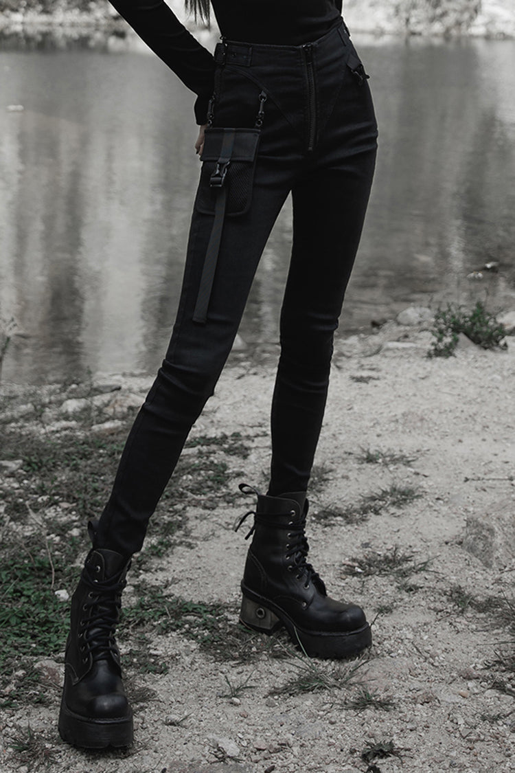 Black Functional Tooling Style Pocket Belt Trim V-Shaped Split Zipper Women's Punk Trousers - Product - 2