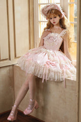 Pink [Blossoming Heart Love ] Sleeveless Dark Jacquard Print Bowknot Lace Sweet Lolita Jsk Dress - Product - 2