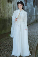 White Fairy-Like Long Trumpet Sleeves Embroidered Sweet Ancient Chinese Inspired Hanfu Dress - Product - 3