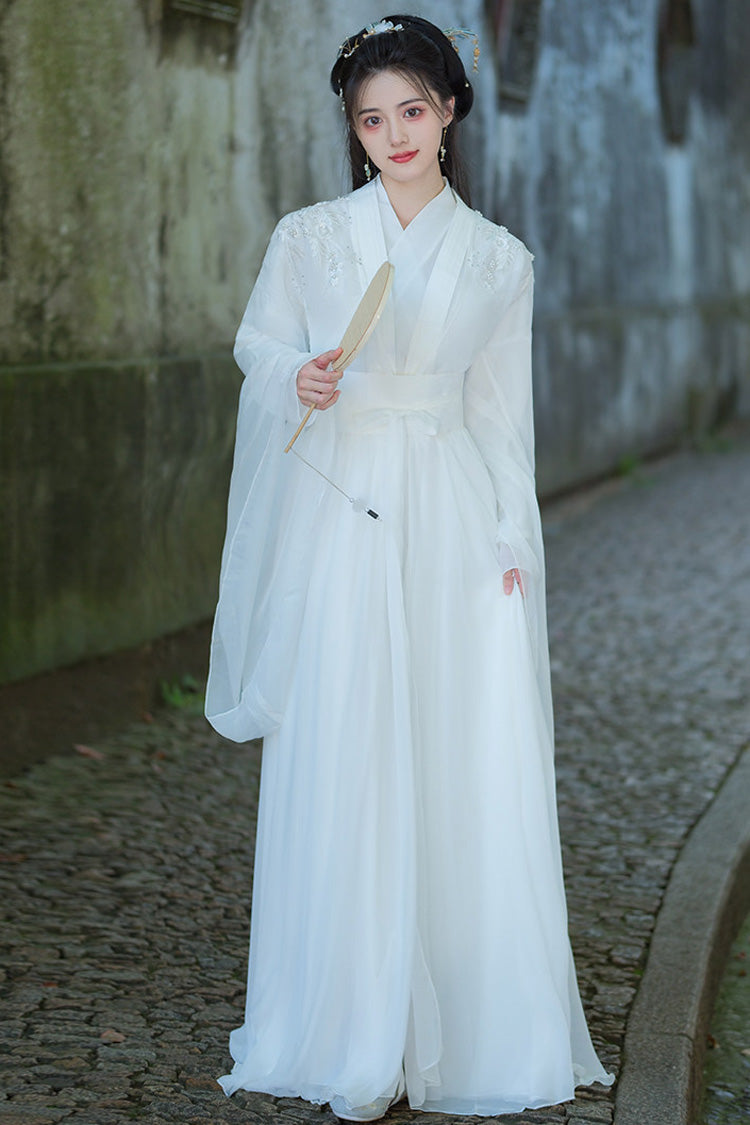 White Fairy-Like Long Trumpet Sleeves Embroidered Sweet Ancient Chinese Inspired Hanfu Dress - Product - 3