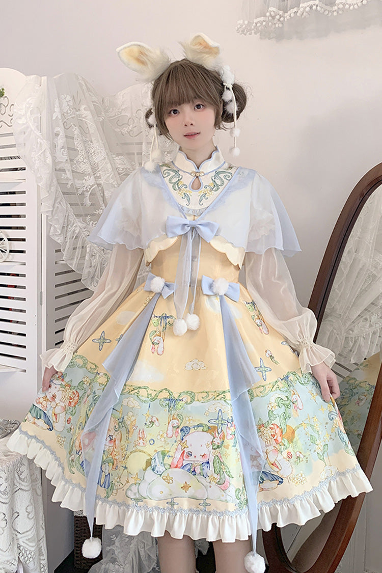 Multi-Color Fairy Rabbit Print Ruffle Bowknot Sweet Chinese Style Princess Lolita Dress - Multi-Color - 1
