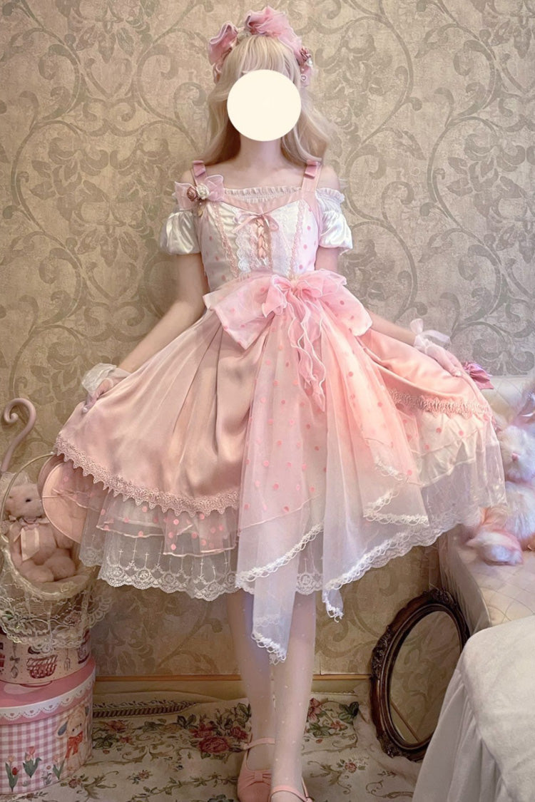 Pink [Polka Waltz] Sleeveless Print Bowknot Stitching Lace Sweet Lolita Jsk Dress - Pink - 1