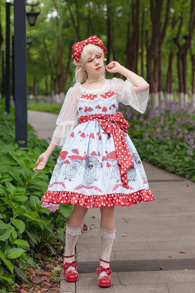Cat Head Mushroom Print Ruffle Bowknot Sweet Lolita Dress 2 Colors - Product - 3