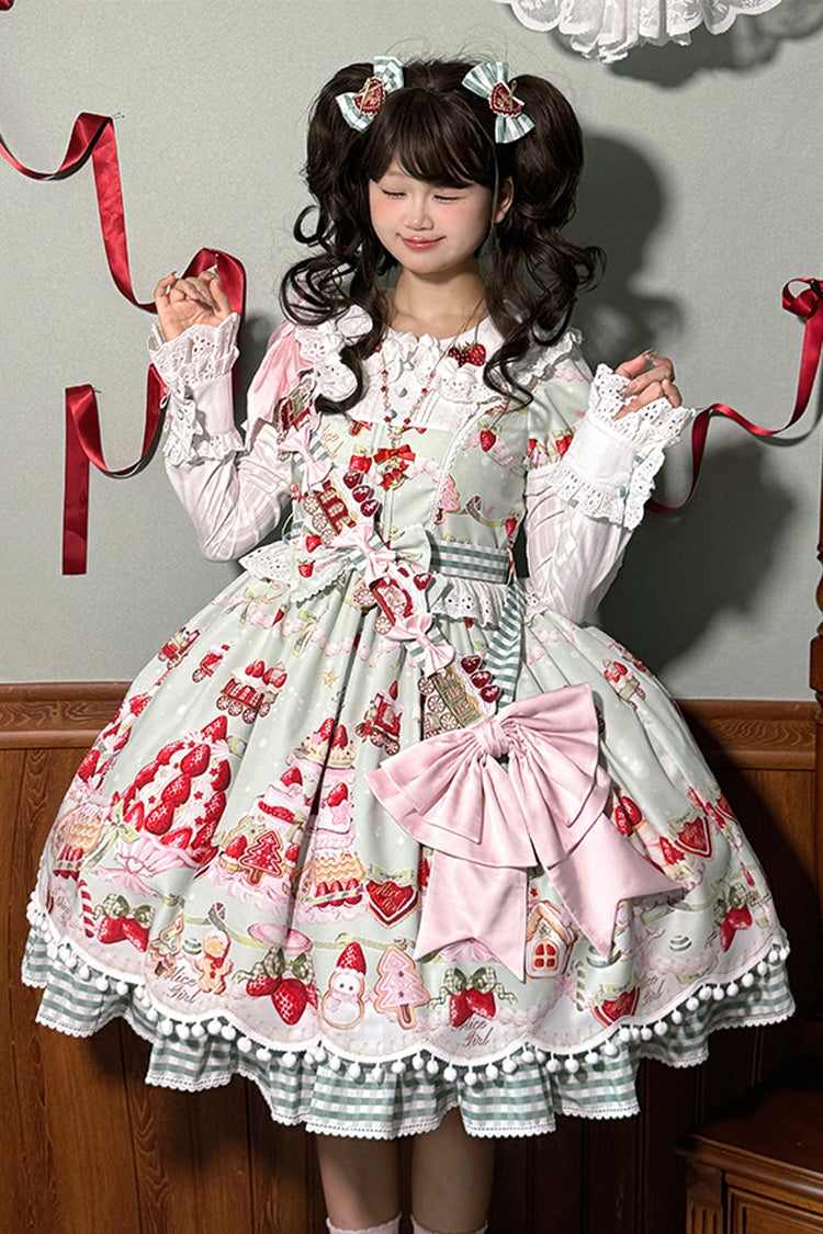 Mint Strawberry Dessert Doll Collar Short Sleeves Print Ruffle Bowknot Sweet Lolita Dress 4 Colors - Product - 8