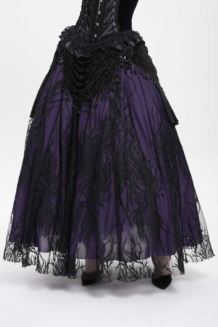 Black/Purple Floral Embroidered Beaded Women's Gothic Long Skirt - Black/Purple - 1