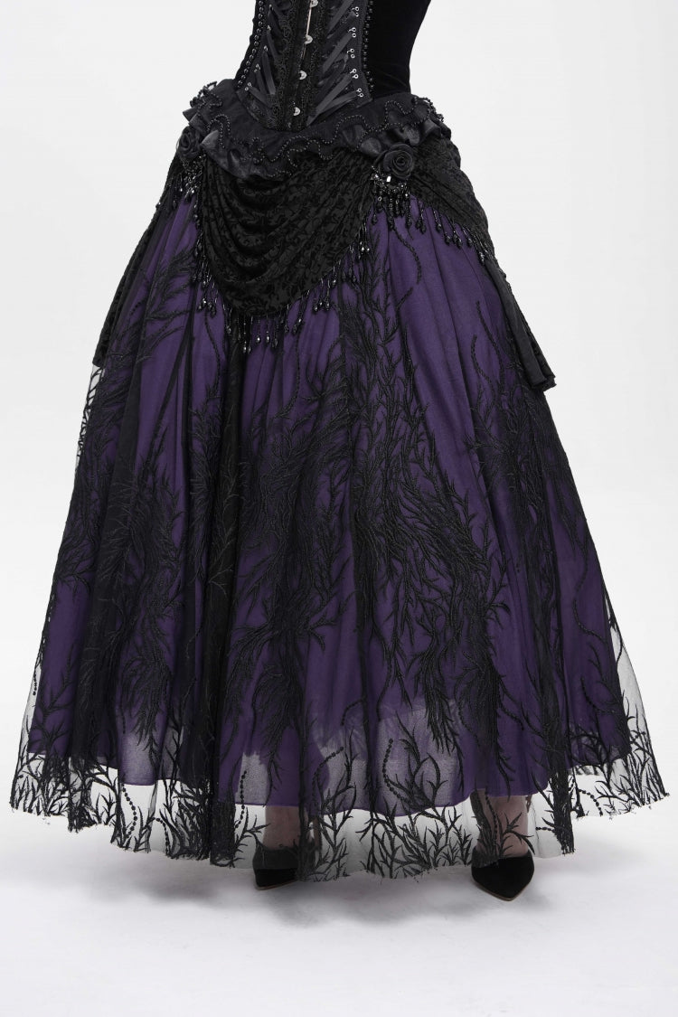 Black/Purple Floral Embroidered Beaded Women's Gothic Long Skirt - Black/Purple - 1