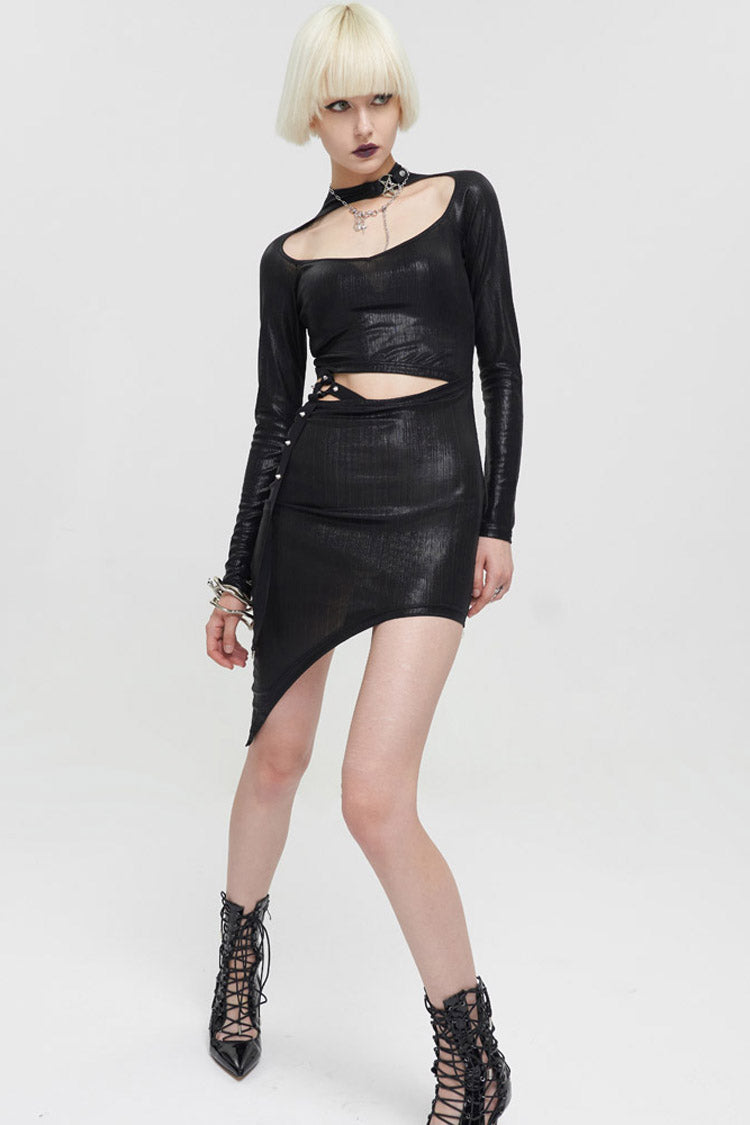 Black Knitted Fine Grain Shine Waist Cutout Rivet Decoration Asymmetric Long Sleeve Women's Gothic Dress - Product - 5