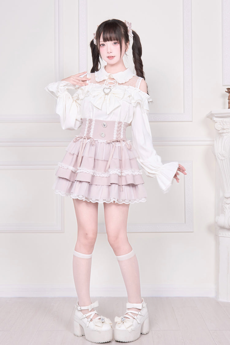 Jirai Kei Off Shoulder Long Sleeves Print Bowknot Lace-Up Sweet Japanese Blouse 3 Colors - Product - 17