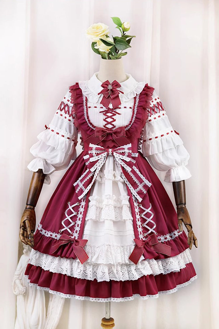 Red/White [Tina's Gift] Sleeveless Multi-Layered Ruffle Cardigan Bowknot Lace Sweet Lolita Jsk Dress - Red/White - 1