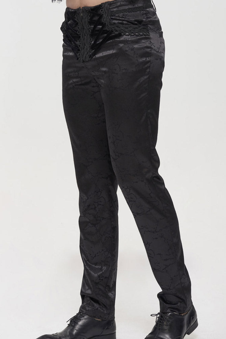 Black Gothic Glossy Pattern Drawstring Lace Decoration Men's Pants - Product - 8