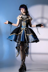 Black/Blue [Universe] Off Shoulder Halterneck Sleeveless Print Embroidery Cardigan Gothic Princess Lolita Dress - Product - 2