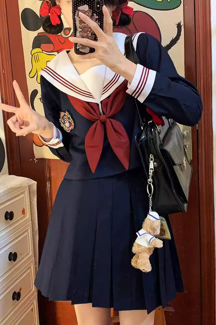Blue Ruffle Bowknot Snow Girl Sweet College Style Japanese School Sailor Skirt Set - Blue - 1
