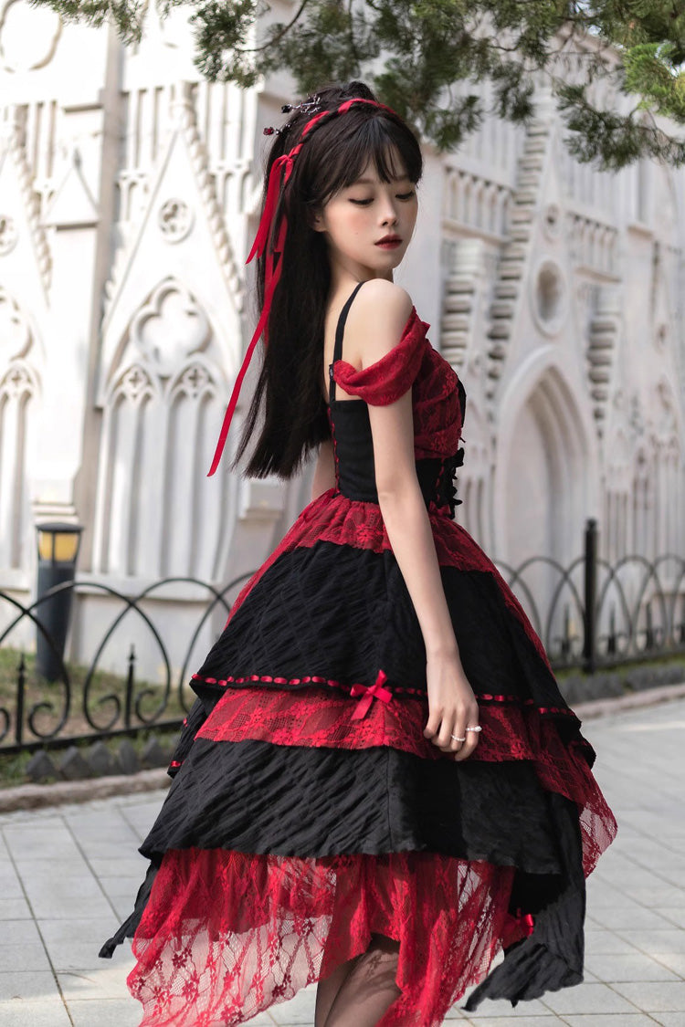 Red/Black Sleeveless High Waisted Print Irregular Gothic Lolita Jsk Dress - Product - 6