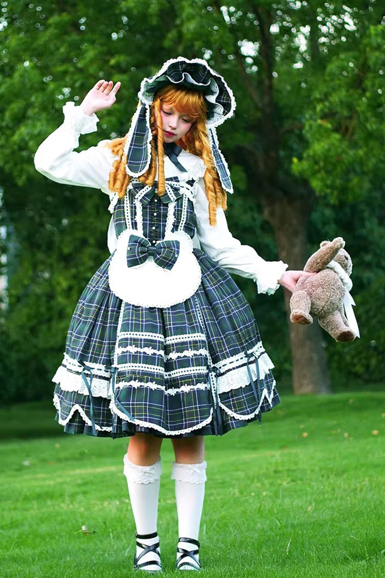 Green [Gingham Petal Bunny] Printed Ruffled Bow Sweet Lolita Jsk Dress - Product - 10