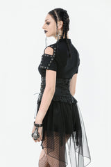Black High Waisted Lace-Up High/low Mesh Women's Punk Skirt - Product - 13