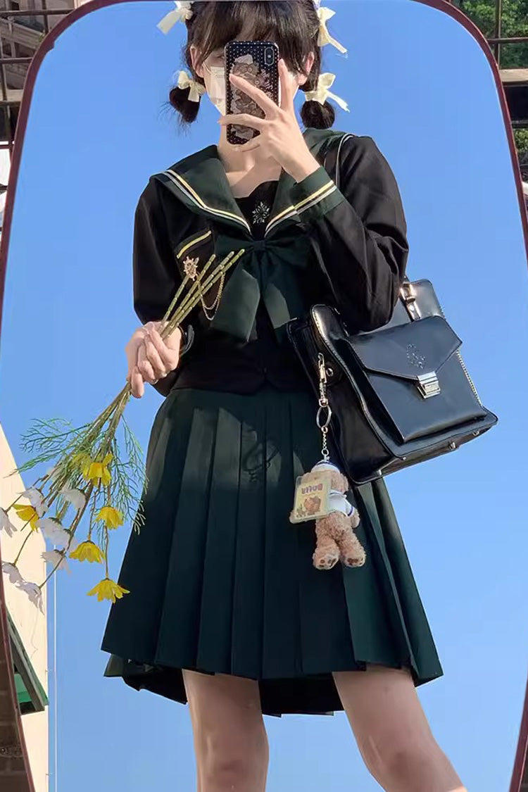 Black/Green Ruffle Bowknot Sweet Sailor College Style Japanese School Skirt Set - Product - 4