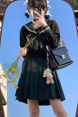 Black/Green Ruffle Bowknot Sweet Sailor College Style Japanese School Skirt Set - Product - 4