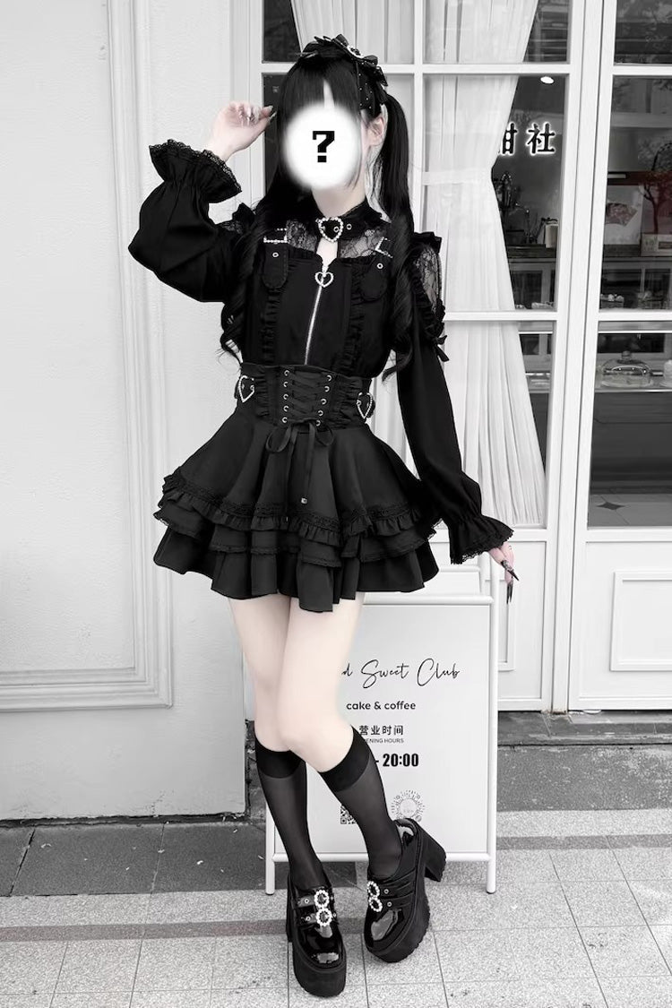 Jirai Kei [Heartbeat Buffy] Stand Collar Sleeveless Triple-Layered Ruffled Lace-Up Zippered Sweet Japanese Skirt and Blouse detail view 3