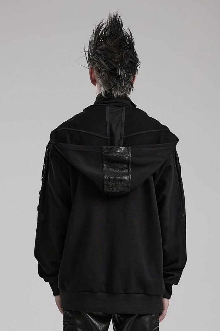 Black High Collar Long Sleeves Stitching Hooded Mens Steampunk Jacket - Product - 3