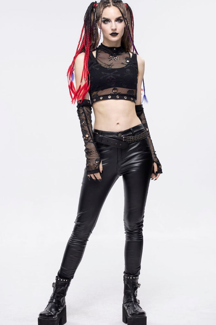 Black Gothic Cotton Knitted Fabric Fake Two-Piece Small Stand Up Collar Patchwork Skull Mesh Super Short Women's Vest - Product - 6