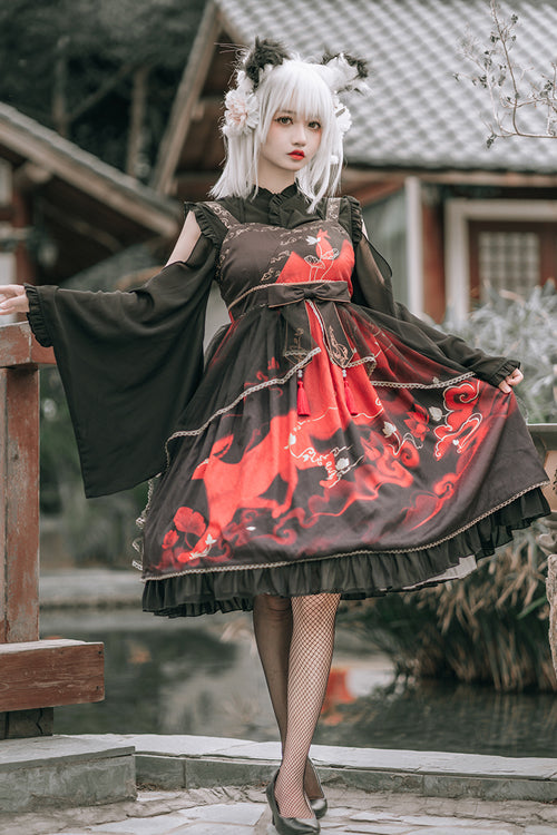 Chinese Style Cloud Fox Print Classic Lolita JSK Dress - Red - 3