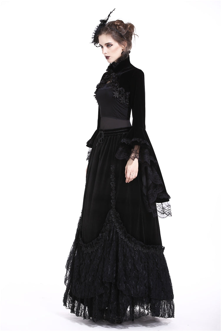 Black Lace Stand Collar Multi-Layered Long Trumpet Sleeves Rosette Velour Women's Gothic Bolero - Product - 12