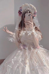 Ivory Short Sleeves Multi-layer Hanayome Bowknot Princess Gorgeous Sweet Lolita Strapless Dress Set - Product - 5