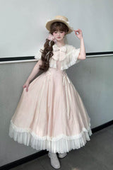 Pink [Wind Chime] Ruffled Embroidered Bow Lace Lace-Up Sweet Lolita Dress - Product - 2