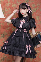 Stand Collar One Button Bubble Short Sleeve Lace Hem Sweet Lolita Dress - Black/Pink - 4