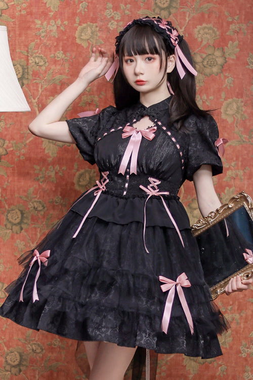 Stand Collar One Button Bubble Short Sleeve Lace Hem Sweet Lolita Dress - Black/Pink - 4