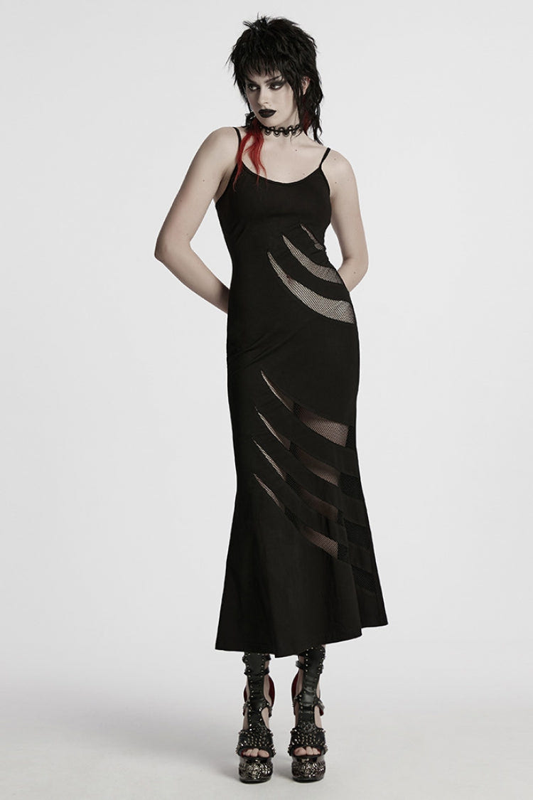 Black Sleeveless Stitching Mesh Women's Punk Fishtailed Honeymoon Slip Dress - Product - 4