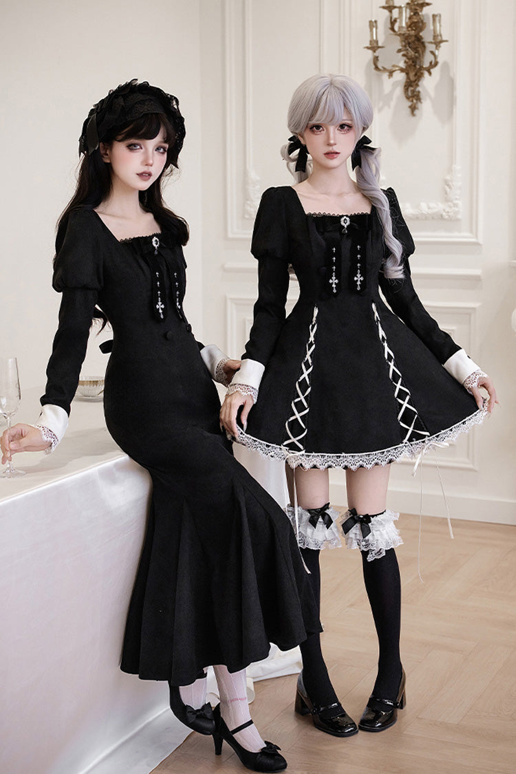 Black/White [Rose Doll] Square Collar Long Sleeves Bowknot Lace-Up Gothic Lolita Dress Set 2 Versions - Product - 8